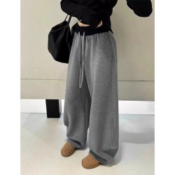 拼色加绒休闲弯刀裤女欧洲站2026秋冬季两穿裤脚抽绳百搭拖地卫裤
