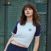 ellesse 小贝壳复古撞色拼接修身提花T恤夏季网球运动短袖上衣女 淡蓝色 L
