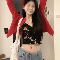 黑色短款女背心夏季红色吊带显瘦美背内搭碎花性感上衣文胸一体