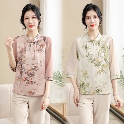 新中式妈妈装夏季T恤大码复古小衫中老年女士衬衫雪纺上衣中国风