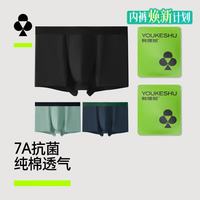 YOUKESHU 内裤男纯棉透气7A抗菌裆平角裤运动新疆棉短裤浅绿+深蓝+黑色3XL