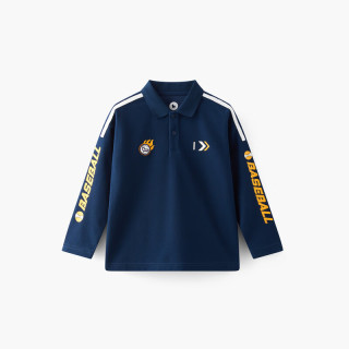 马骑顿 童装儿童华夫格翻领T恤秋装男童条纹长袖polo衫 藏青 120