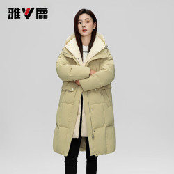 雅鹿 中长款羽绒服女 连帽加厚 绿卡其 17648款