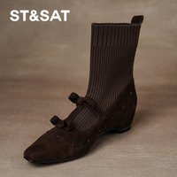 移动端、88VIP：星期六 ST&SAT 复古美拉德蝴蝶结袜靴女2026年秋冬新款坡跟织弹力套筒短靴