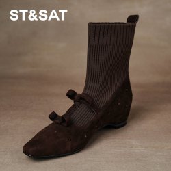 星期六 ST&SAT 复古美拉德蝴蝶结袜靴女2026年秋冬新款坡跟织弹力套筒短靴