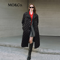 MO&Co. 鸭绒羽绒服高领立领菱格纹黑色宽松长款摩安珂 黑色 L 170