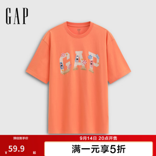 Gap 男女装2026夏季新款纯棉logo印花沙滩圆领短袖T恤上衣891400 橙色 M (170/92A)亚洲尺码