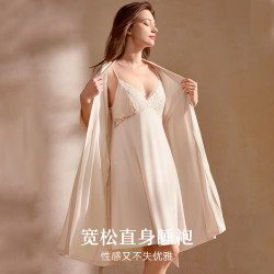 曼妮芬 莫代尔七分袖蕾丝吊带睡裙 两件套 淡香槟 M (160)