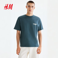 H&M 2026春季新款男装宽松版印花T恤0967955 深绿松石色/Allotment