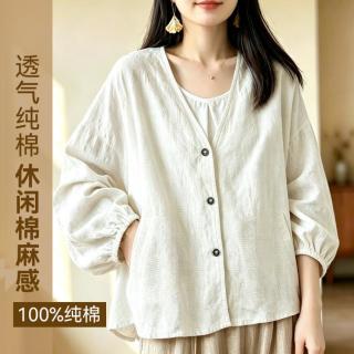 啄木鸟 100%纯棉衬衫春秋文艺开衫外套棉麻感上衣女宽松显瘦披肩外穿