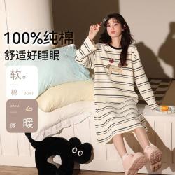 啄木鸟 100%纯棉睡裙女长袖中长款圆领套头家居服春秋高级感印花简约