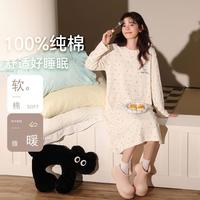 啄木鸟 100%纯棉睡裙女春秋长袖中长裙圆领套头家居服可外穿印花休闲
