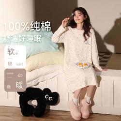 啄木鸟 100%纯棉睡裙女春秋长袖中长裙圆领套头家居服可外穿印花休闲