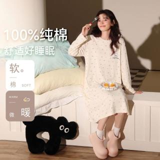 啄木鸟 100%纯棉睡裙女春秋长袖中长裙圆领套头家居服可外穿印花休闲