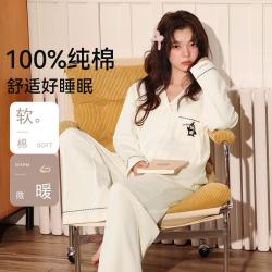 啄木鸟 100%纯棉睡衣女翻领开衫长袖长裤套装春秋家居服印花款可外穿
