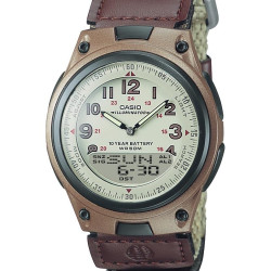 CASIO 卡西欧 男士双显石英表 AW-80V 10年电池续航 50米防水 世界时 帆布表带 米色