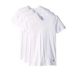 POLO RALPH LAUREN 男士修身棉质V领汗衫 3件装 吸湿排汗 贴身内衣白色克鲁斯海军小马印花 Large