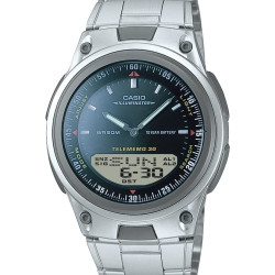 CASIO 卡西欧 男士双显石英表 AW-80D 10年电池续航 50米防水 世界时 不锈钢表带 银色