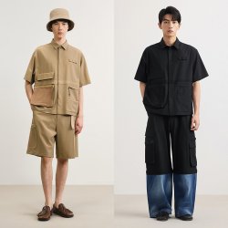速写 男装春夏新款男士衬衫多口袋短袖衬衣轻户外男士上衣休闲简约