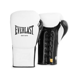 Everlast Powerlock OG Pro Fight 14 盎司拳击手套白色/黑色系带训练和比赛泡沫符合人体工程学