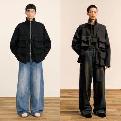 速写 男装秋冬新款短款毛呢外套休闲宽松可拆卸设计感外套潮保暖