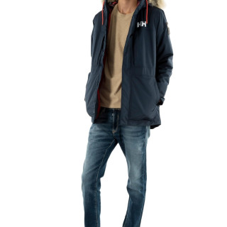 Helly Hansen 男士防水保暖派克大衣 可拆卸毛领连帽 聚酯纤维面料 透气绝缘填充 户外休闲 海军蓝 XL