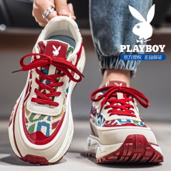 PLAYBOY 阿甘红色男鞋秋季2026新款潮流鞋子男跑步休闲运动鞋厚底老爹鞋 白红 39