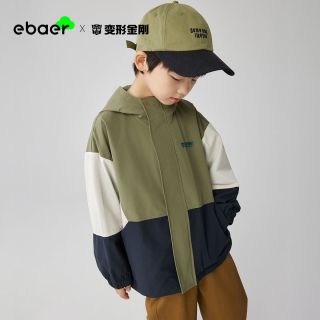 EBAER 男童外套春秋款2026新款连帽薄款中大童男孩冲锋衣防水拼接儿童春 朱石栗 120 cm