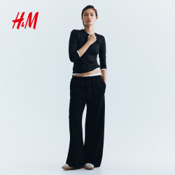 H&M H&amp;M女装卫裤夏季松紧腰宽松直筒酒红色跑步休闲裤1281439