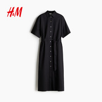 H&M H&M女装连衣裙夏季气质莫瑞老钱风亚麻混纺衬衫式连衣裙1278042 黑色 S 160/88