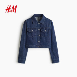 H&M H&amp;M女装短外套翻折领时尚短款牛仔外套夹克1291556 深牛仔蓝 S 160/88