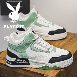 PLAYBOY 男鞋秋冬季2026新款厚底高帮鞋子男士时尚潮流户外软底运动板鞋男 白绿 39