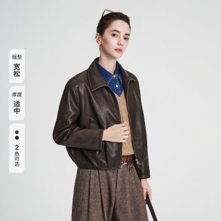 navigare 小帆船棕色时尚翻领皮夹克女士外套