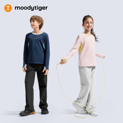 moodytiger 儿童长袖T恤保暖舒适冬季男童上衣抓绒圆领弹力女童运动衣 午夜蓝 140