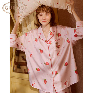 GUKOO/果壳 冰丝波点翻领 深莓粉鲨鱼猫 M 睡衣家居服套装