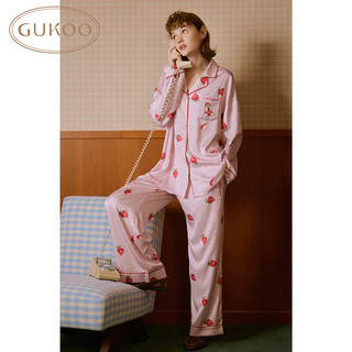 GUKOO/果壳 冰丝波点翻领 深莓粉鲨鱼猫 M 睡衣家居服套装