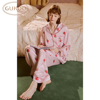 GUKOO/果壳 冰丝波点翻领 深莓粉鲨鱼猫 M 睡衣家居服套装