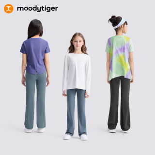 moodytiger 女童微喇裤高弹儿童运动裤子透气加绒休闲长裤| 小云朵 瓷青灰|花纱款(夏季) 130 cm