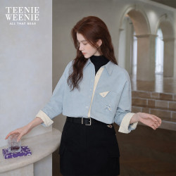 TEENIE WEENIE 小熊女衬衫秋冬季简约 纯色翻领衬衣 蓝色
