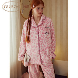 果壳 冬季满印翻领豹纹牛奶绒舒适保暖女士家居服套装