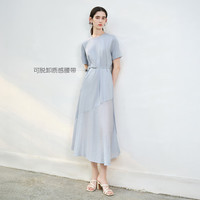 香影 短袖鱼尾裙连衣裙女高级感夏可脱卸腰带气质小众拼接设计感裙子 浅蓝