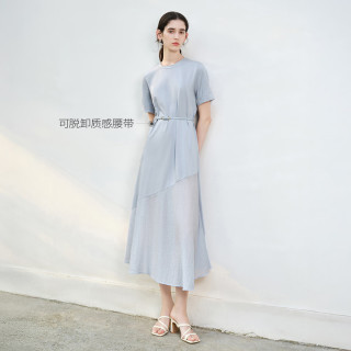 香影 短袖鱼尾裙连衣裙女高级感夏可脱卸腰带气质小众拼接设计感裙子 浅蓝