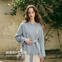 OLRAIN 2026秋季双面呢外套女装法式交叠式圆领系带收腰气质大衣 蓝色 M