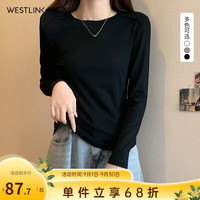 西遇 圆领分割线长袖T恤女2026秋季修身显瘦不规则下摆打底上衣 黑色