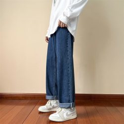 月伊纺 夏季宽松水洗牛仔裤男士纯色百搭阔腿休闲裤青年美式直筒哈伦长裤