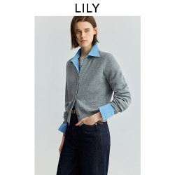 LILY 商场同款2025秋新款女装100%绵羊毛格雷系V领针织开衫外套 501灰色 XL