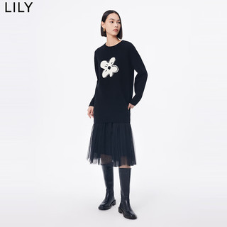 LILY 设计感提花针织网纱吊带连衣裙 黑色 M