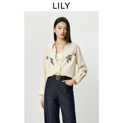 LILY 2026夏新款莱赛尔棉混纺翻领飞燕串珠刺绣宽松长袖衬衫外套女 601白色 S
