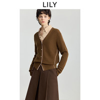 LILY 2025冬新款羊毛混纺复古V领撞色休闲通勤棕色针织开衫外套女 701棕色 M