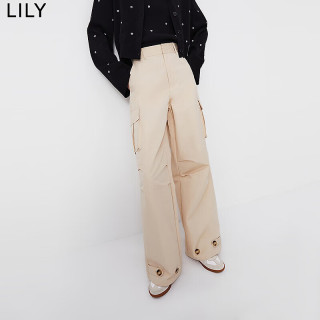 LILY 春新款女装通勤款工装裤显瘦高腰阔腿休闲裤 716浅卡其 L